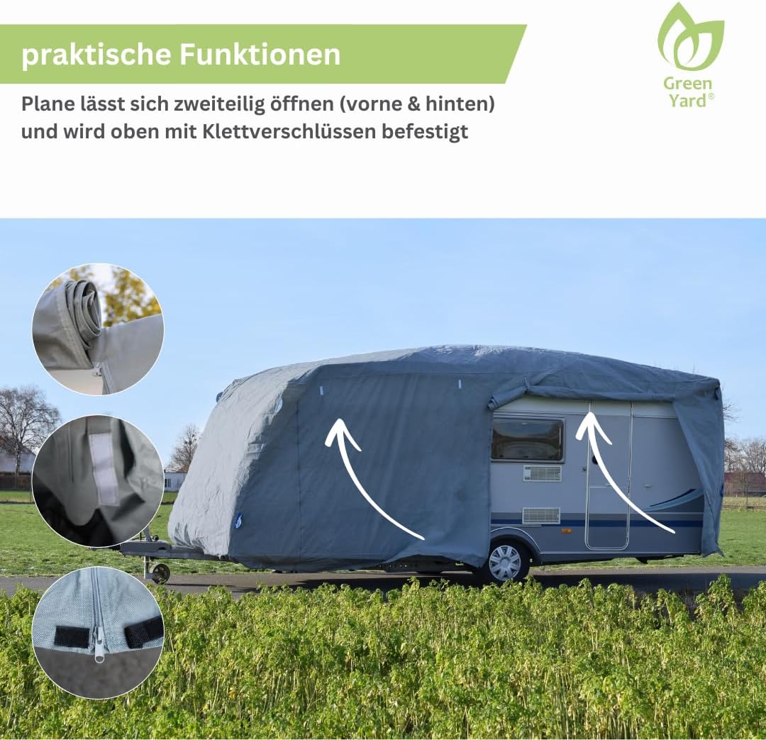 GreenYard® Lona de protección para caravanas o autocaravanas | Talla S 460 x 250 x 220 cm | Funda de camping | Protección contra el polvo y la humedad | Transpirable | Duradera