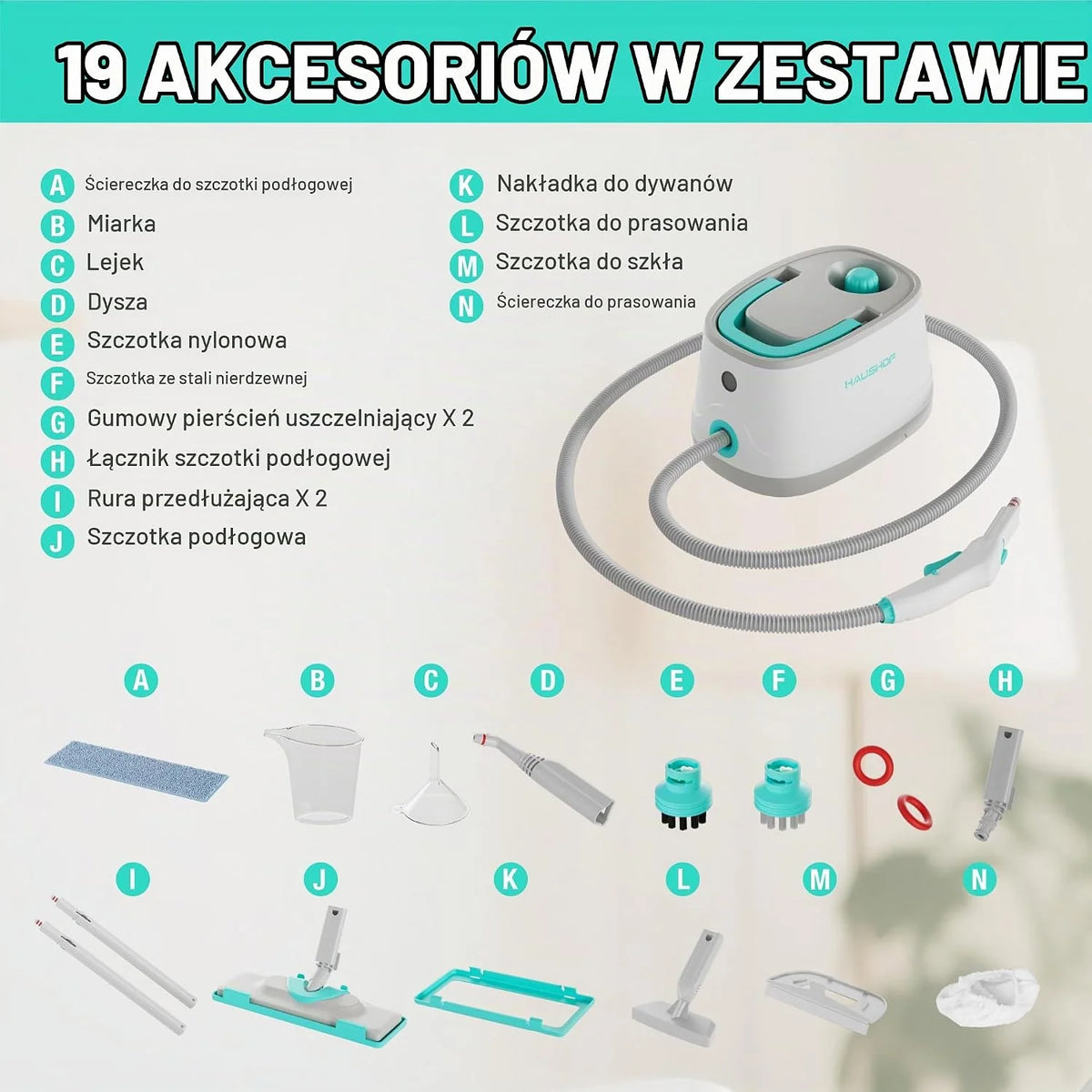 HAUSHOF Myjka parowa 2000 W, ze zbiornikiem 1,5 l, maks. ciśnienie pary 4 ,0 bar, czas nagrzewania 8 min, czas parowania do 30 min, w zestawie 16 akcesoriów i kabel zasilający 3 m, do podłóg, dywanów