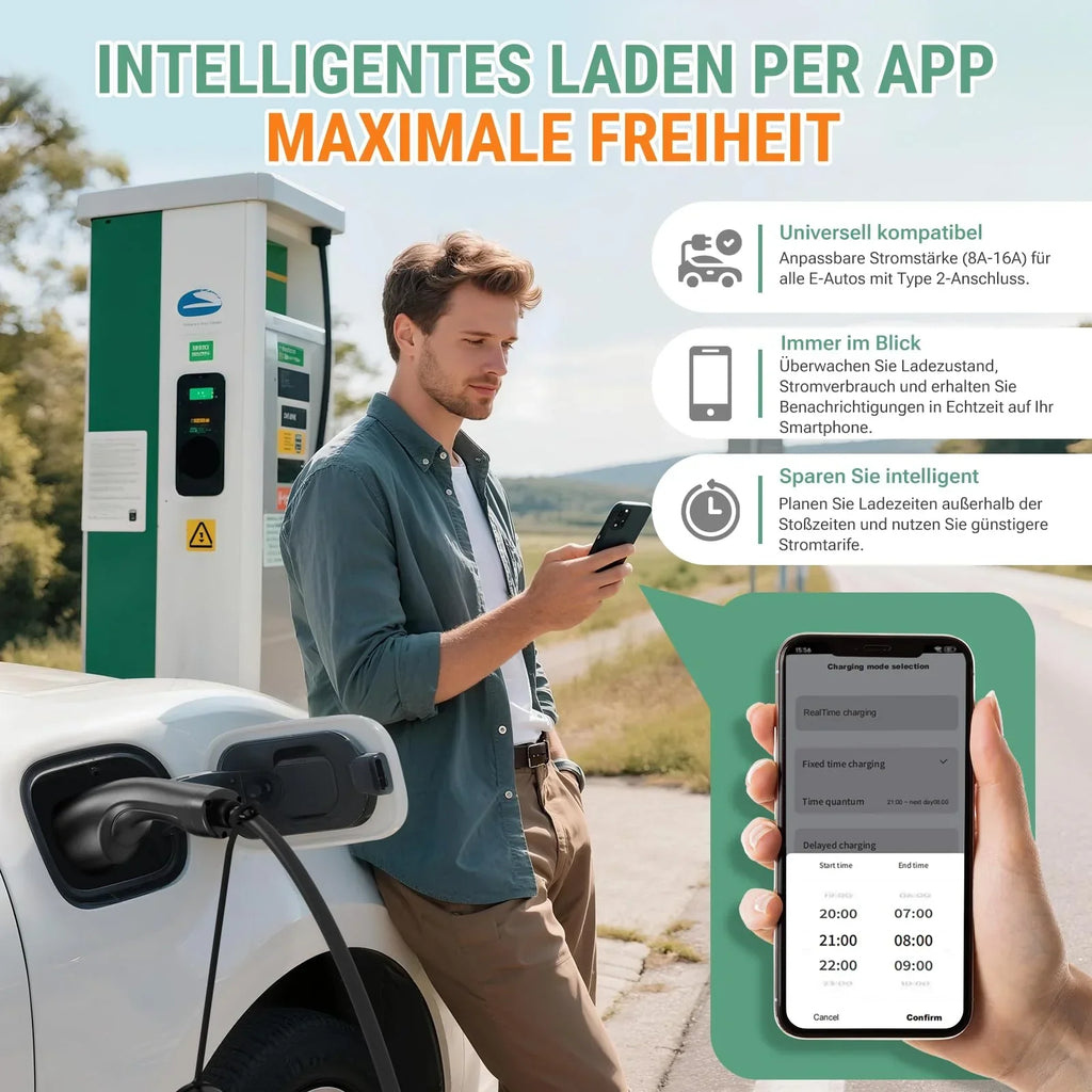 Wallbox portátil 11 kW con app, 400 V, 16 A, trifásica, cable de carga tipo 2 de 7,6 m, CEE, IP66, OLED, montaje mural para coches eléctricos