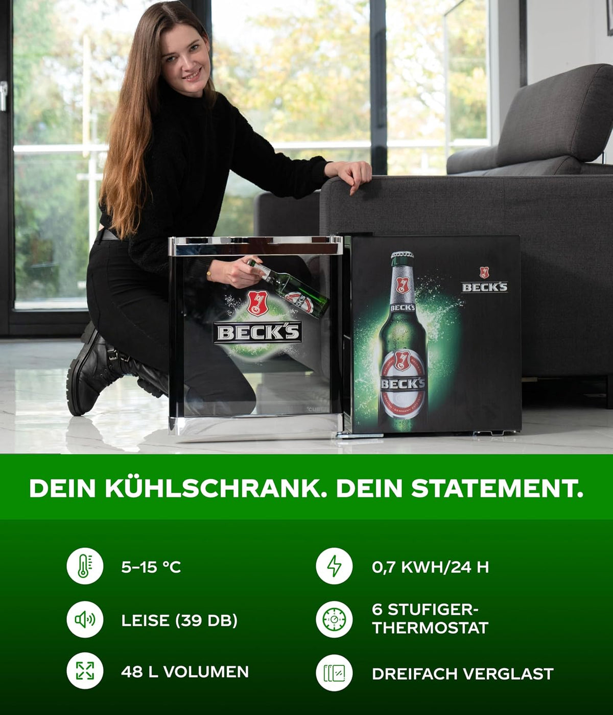 Mininevera para bebidas CUBES BECK’S de 48 l (negro/verde) – Refrigerador compacto para botellas con puerta de cristal y sentido de apertura reversible – Silencioso y eficiente energéticamente – Bar, cocina y gaming – Enfriador de bebidas