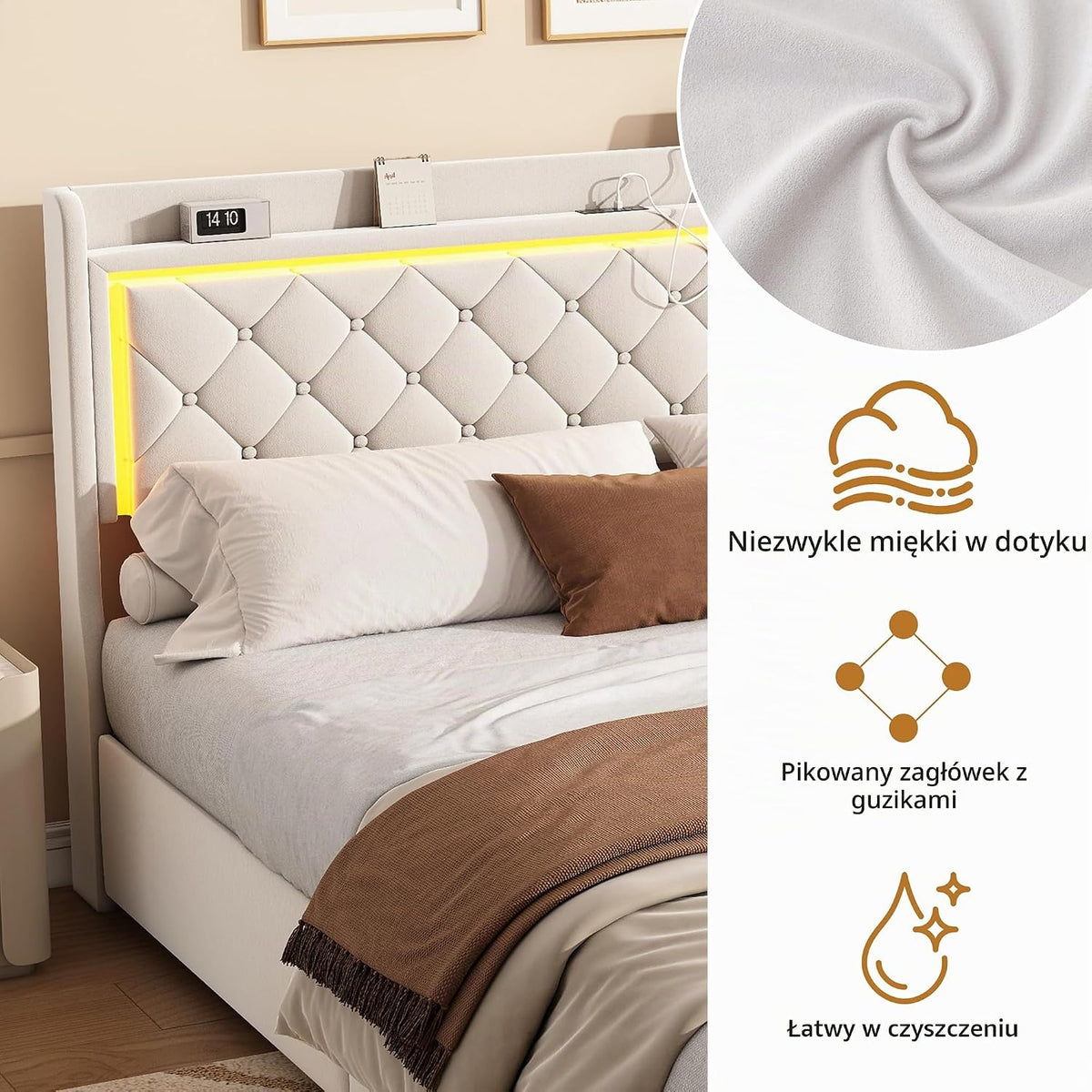 Podwójne łóżko z pojemnikiem 140 x 200 cm, łóżko tapicerowane 140 x 200 cm z 4 szufladami, LED i portem USB, funkcjonalne łóżko z zagłówkiem, rama łóżka z stelażem listwowym, aksamit, bez materaca