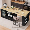 Isla de cocina IBF con asientos, mesa giratoria de 360 grados, isla de cocina con armario de almacenamiento, cajón y estantes, carrito de isla móvil con ruedas para comedor, bar en casa, color negro y roble, 184 cm