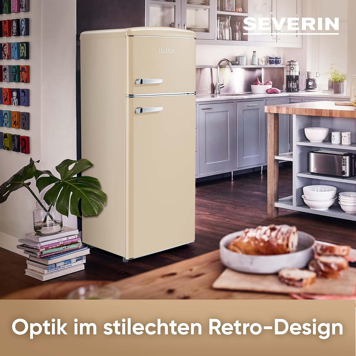 SEVERIN Retro - Frigorífico combi, compacto y eficiente, 4 estantes ajustables en altura y una gran cajonera para verduras, 206 L de capacidad útil, color crema, RKG 8933