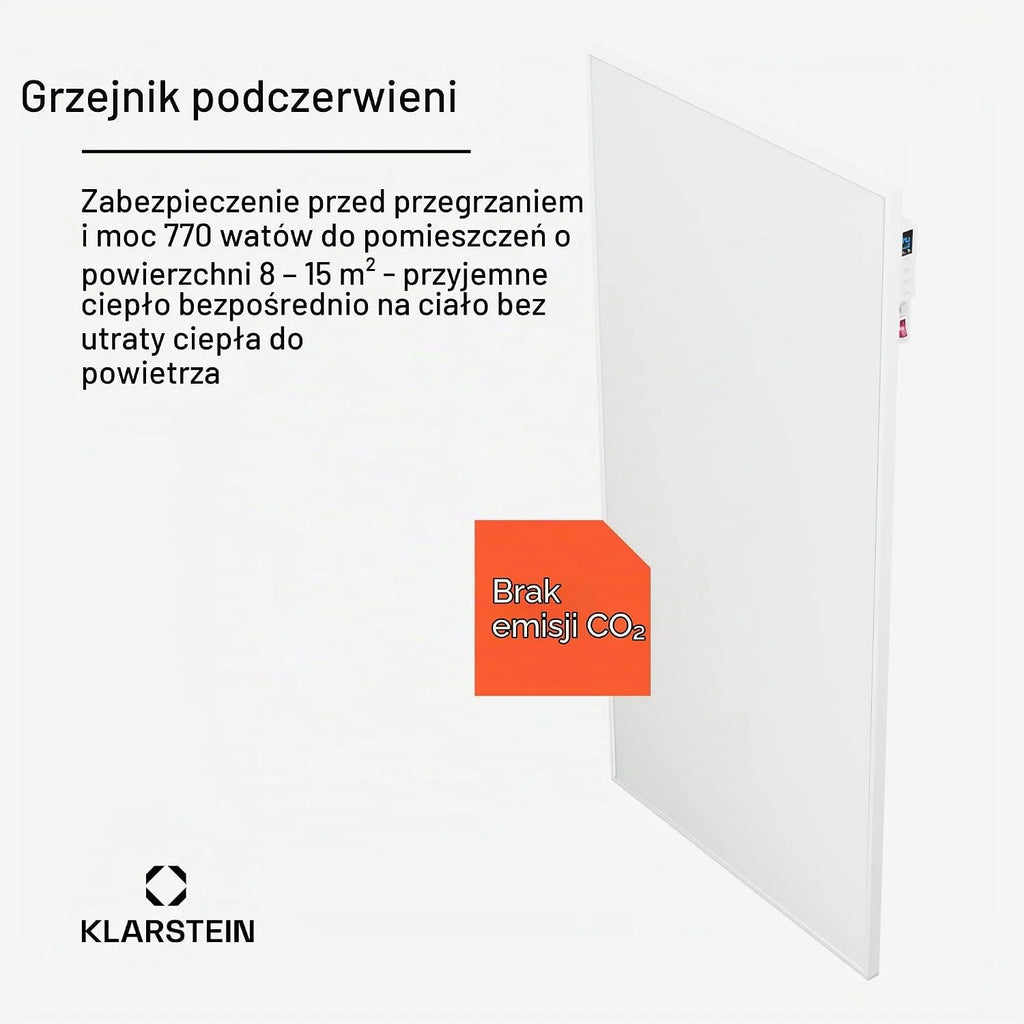Klarstein Grzejnik na podczerwień z termostatem, 770W grzejnik elektryczny, grzejnik na podczerwień Smart Home do montażu na ścianie, IR z sterowaniem przez aplikację i wykrywaniem otwartych okien