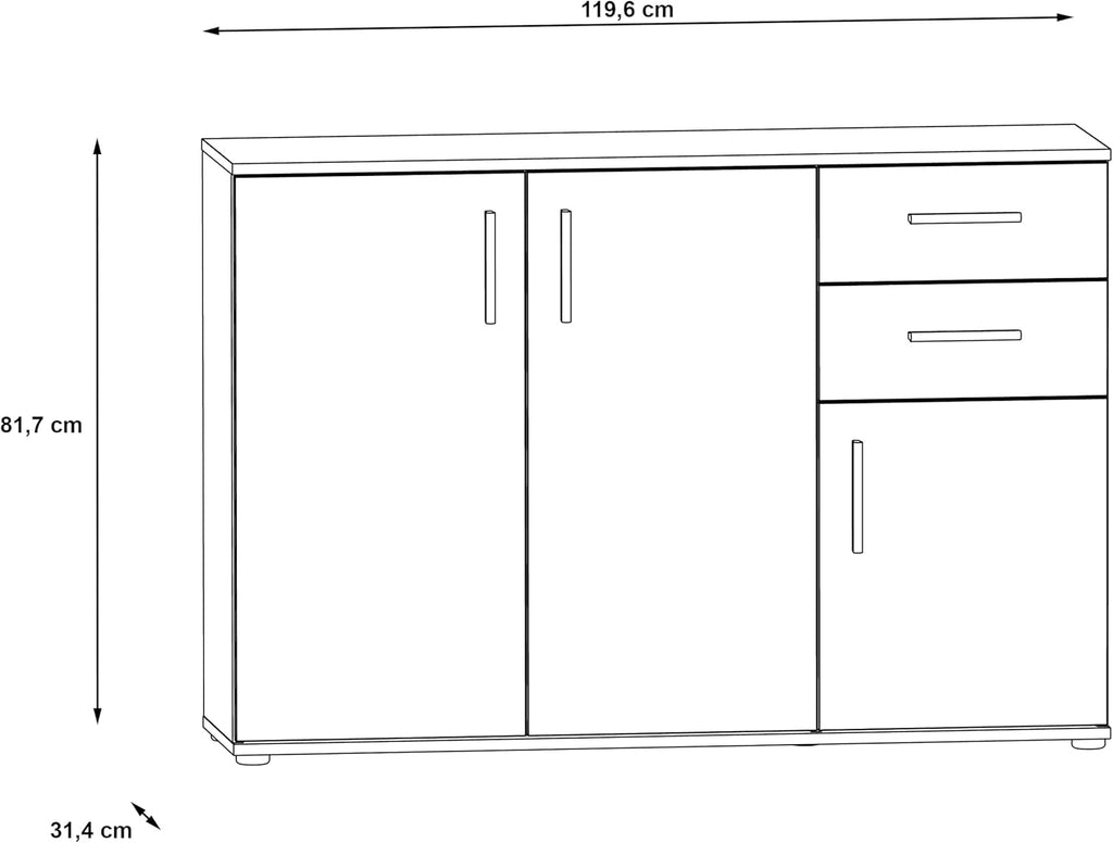 Cómoda Forte IKOLI 120, cómoda moderna, 3 puertas, 2 cajones, salón/dormitorio, pasillo, madera derivada, blanco con decoración de roble Sonoma, 119,6 cm de ancho x 81,7 cm de alto x 31,4 cm de fondo