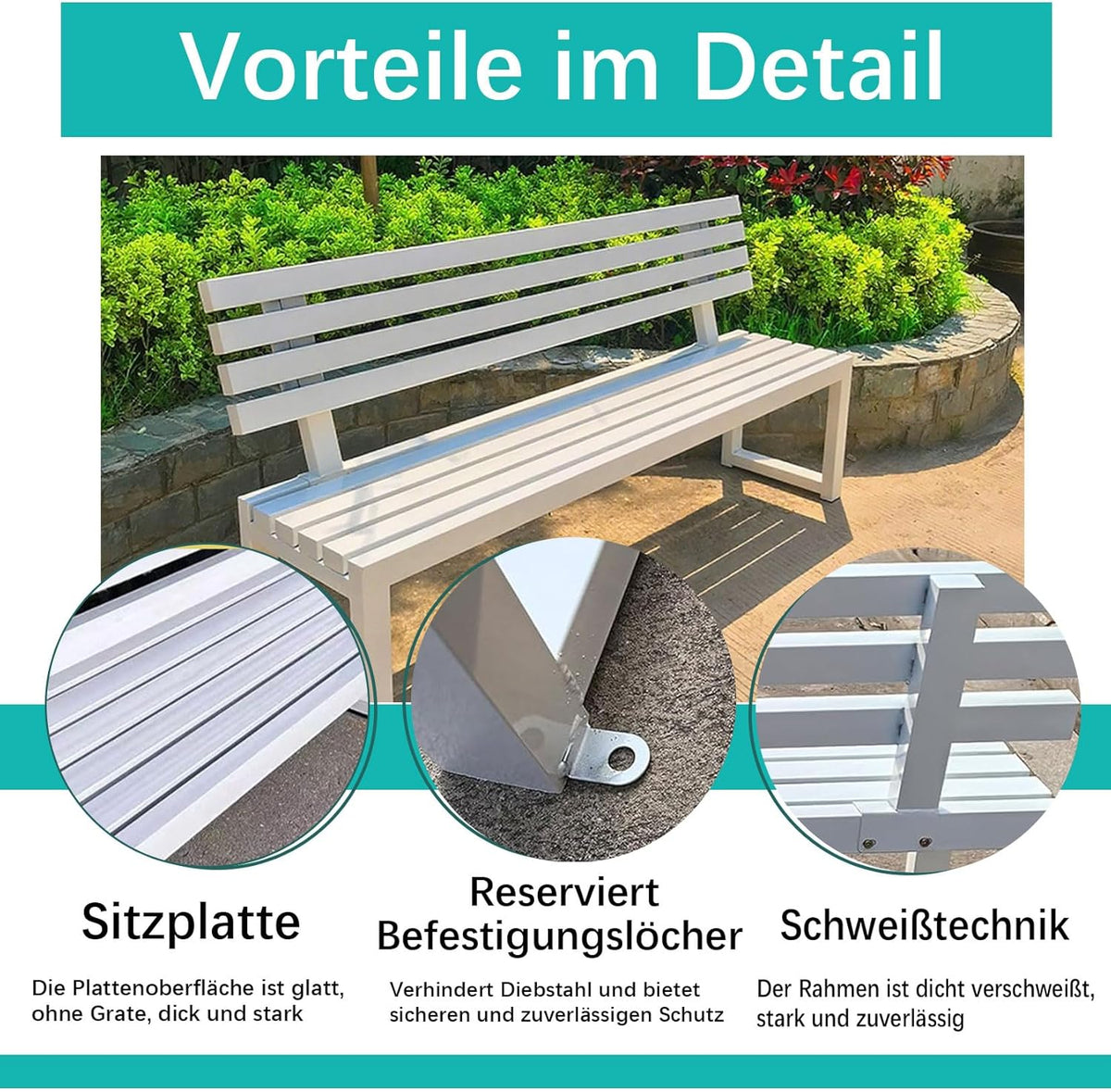 Banco de jardín, banco de exterior resistente a la intemperie, banco de acero metálico, banco de metal para jardín, 100/120/150 cm, con respaldo, capacidad de carga de hasta 200 kg, para terraza, parque, césped, patio, de 2 a 4 plazas, 150×40×85 cm - Rojo