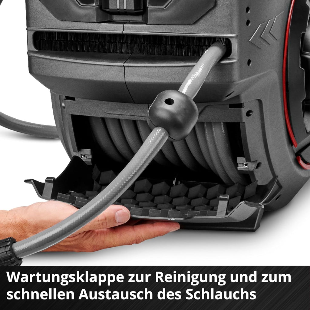 Enrollador de manguera a batería Einhell GE-HR 18/30-1 Li-Solo Power X-Change (18 V, enrollado automático de manguera, giratorio hasta 180°, soporte de pared, manguera de jardín de 30 m y rociador, sin batería)