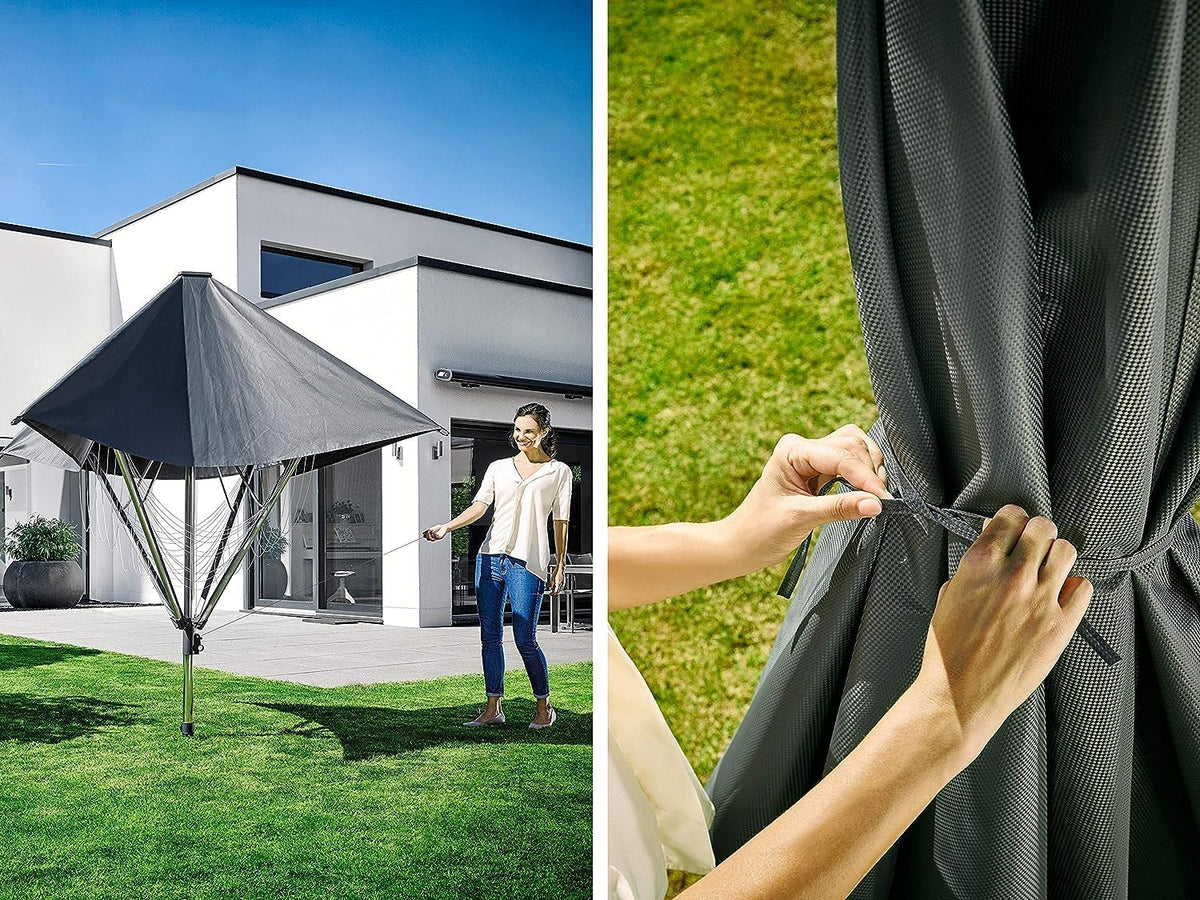 Tendedero tipo paraguas LinoProtect 400 con cubierta impermeable, tendedero de aluminio para exteriores, 40 m de cuerda, incluye base para suelo
