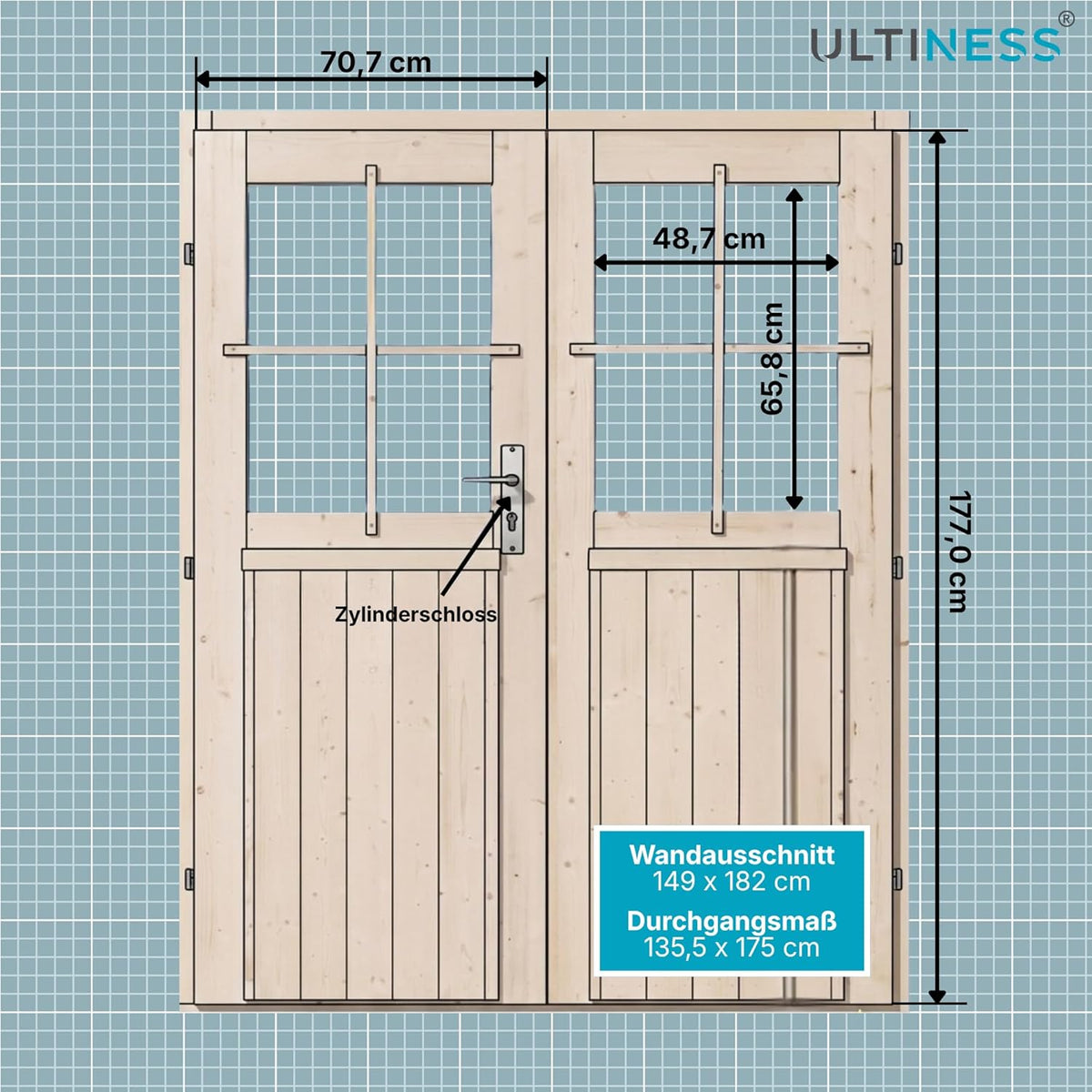 Puerta de madera para caseta de jardín, abeto nórdico, puerta de doble hoja, 141x177 cm | Cristal auténtico, incluye juego de manillas y umbral de aluminio, puerta de caseta de jardín para cobertizo, puerta exterior de madera para taller