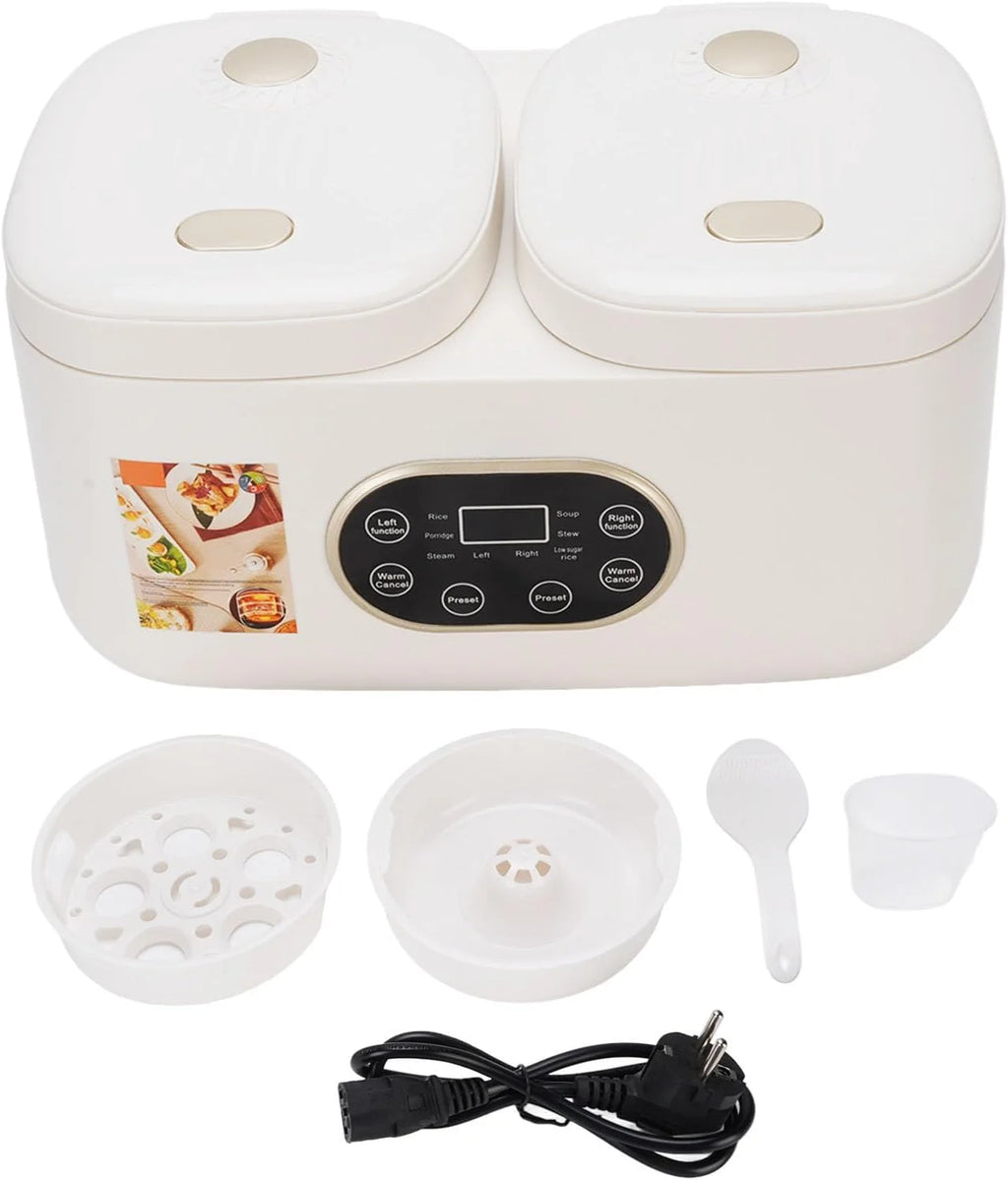 Cocoarm Podwójna Wolnowarowa Kuchenka do Gotowania Ryżu z 2 Wyjmowanymi Garnkami Ceramicznymi 2 L i L Wysuwanymi Pokrywkami Timer Utrzymujący Ciepło Wielofunkcyjny Serwer w Formie Bufetu na