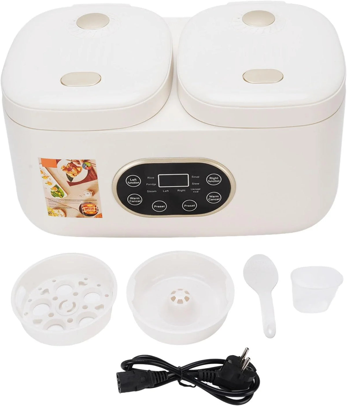 Cocoarm Podwójna Wolnowarowa Kuchenka do Gotowania Ryżu z 2 Wyjmowanymi Garnkami Ceramicznymi 2 L i L Wysuwanymi Pokrywkami Timer Utrzymujący Ciepło Wielofunkcyjny Serwer w Formie Bufetu na