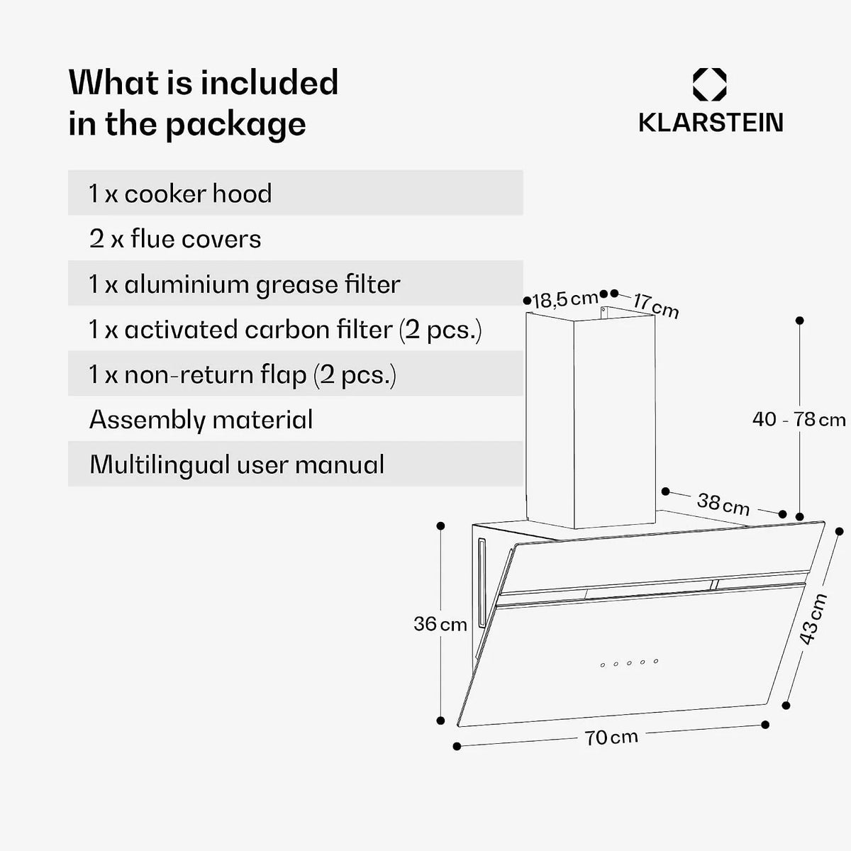 KLARSTEIN Alina Okap kuchenny 70 cm, okap ścienny, 540 m³/h, klasa A, okap LED, 3 poziomy, ekran dotykowy, 63 dB czarny, recyrkulacja i wydech