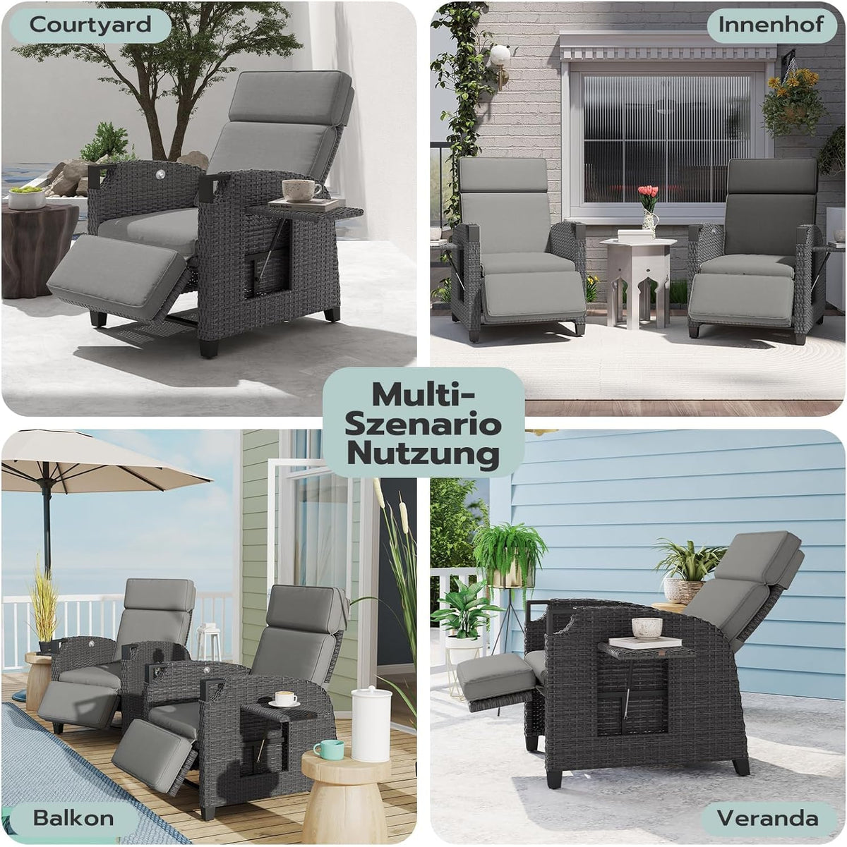 UDPATIO Sillón de ratán para jardín, reclinable, tumbona ajustable a 150°, con respaldo ajustable, fundas y cojines extraíbles, impermeable, para interior y exterior - Gris