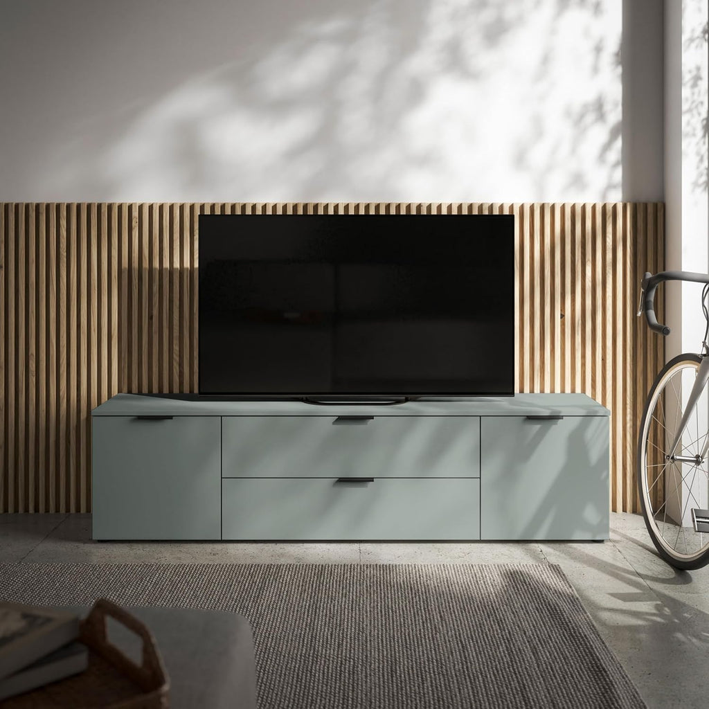 Mueble de TV LINZ en color salvia - Mueble de televisión moderno con cajones y gran espacio de almacenamiento - 180 x 47 x 40 cm (ancho/alto/fondo)