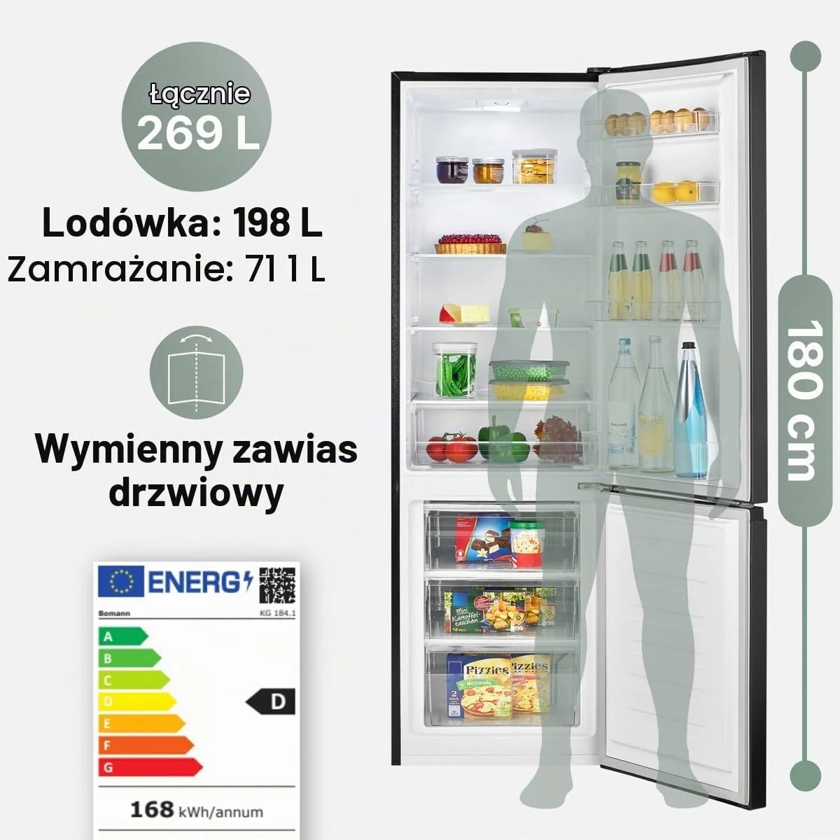 Bomann® Lodówko-zamrażarka, pojemność użytkowa 269 l – chłodzenie: 198 l | zamrażanie: 71 l, energooszczędna, cicha praca 39 dB, LED, wymienne zawiasy drzwiowe, wysokość: 180 x szerokość: 55 x