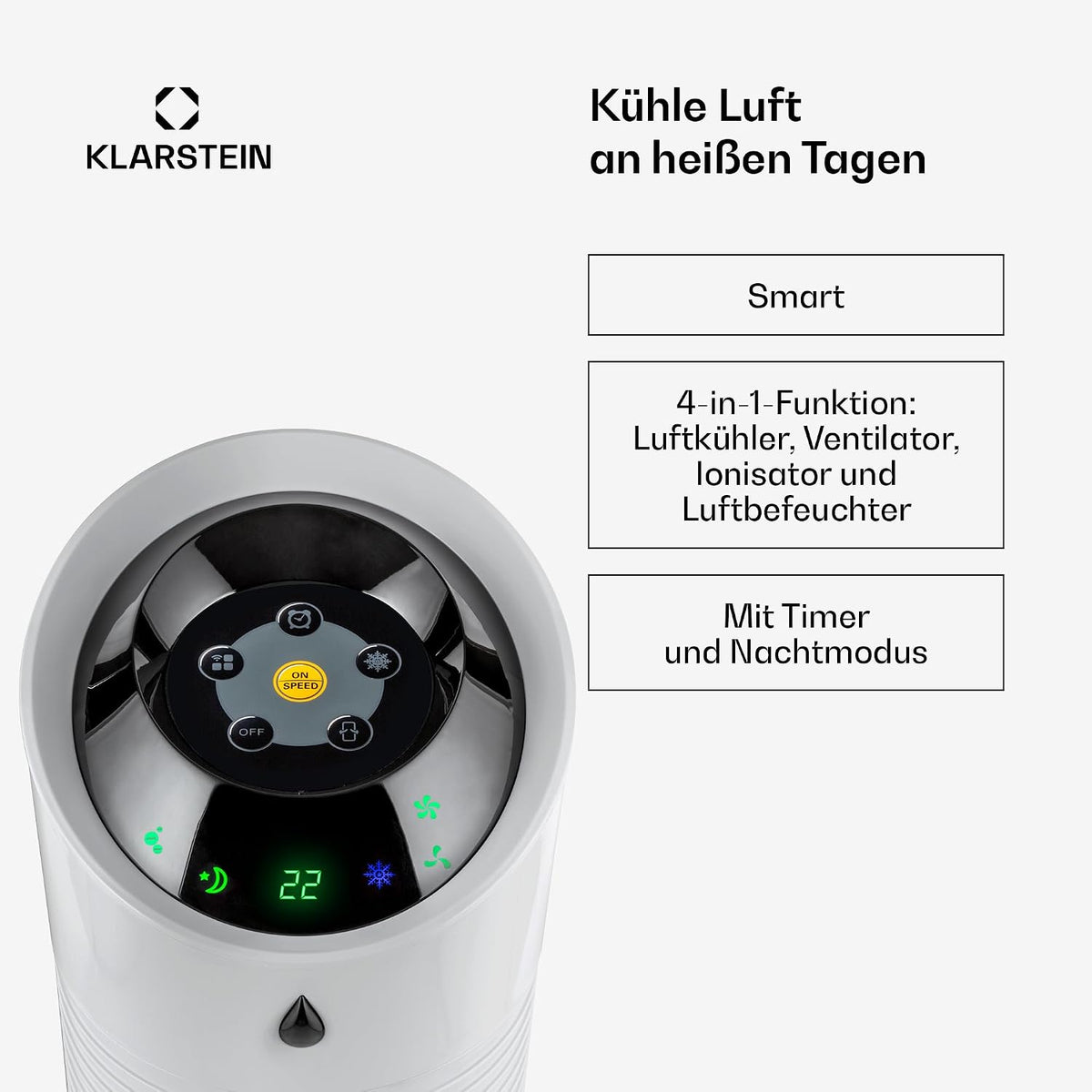 Klarstein 4 en 1: Enfriador de aire inteligente, ventilador, humidificador e ionizador I Depósito de agua de 6 L, oscilación, 30 W, 210 m³/h, temporizador I Aire acondicionado sin tubo de escape, aire acondicionado móvil, plata