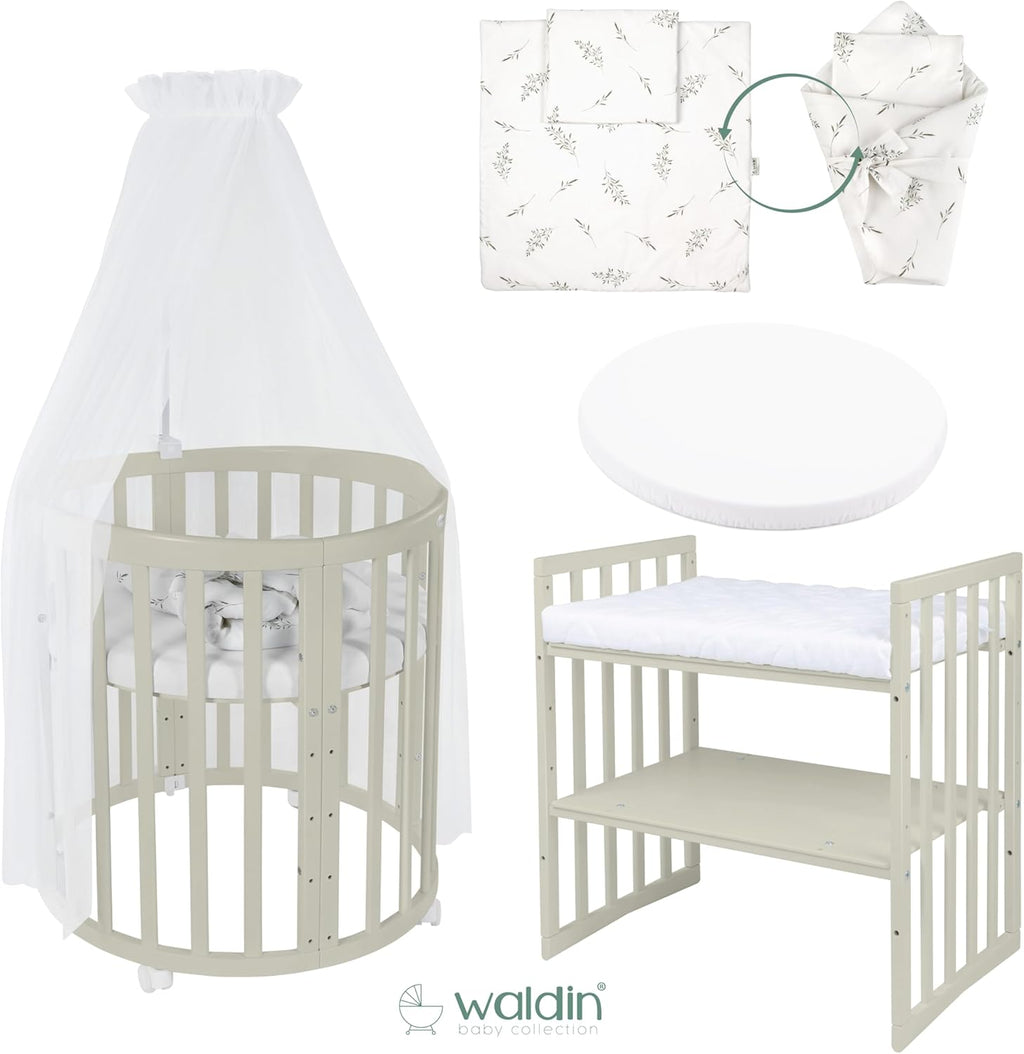 Cuna ovalada evolutiva Waldin, set completo 7 en 1, cuna de barrotes, cama infantil con colchón, cambiador, cuna colecho, madera blanca