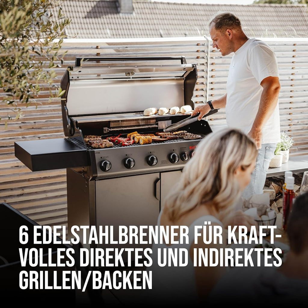 Barbacoa de gas Enders Hyde 6 SIKR Turbo, 6 quemadores de acero inoxidable para un potente asado directo e indirecto, TURBO ZONE de 800 °C, SWITCH GRID, quemador trasero infrarrojo y hornillo lateral n.º 8044