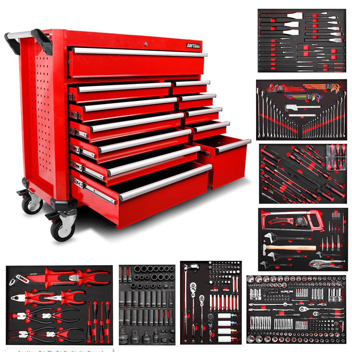Juego de herramientas mecánicas Daytona de 655 piezas con gabinete rodante rojo de 12 cajones y 43 pulgadas