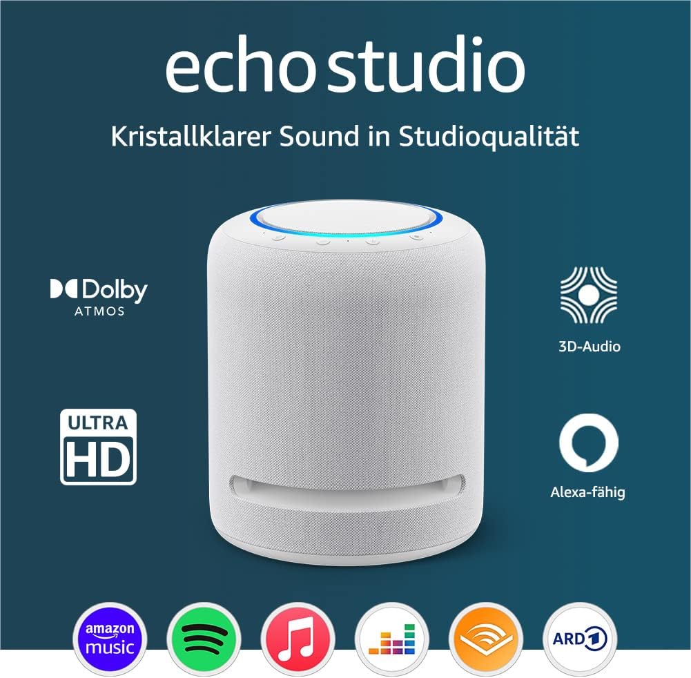 Echo Studio (última generación) | El mejor sonido que nuestros altavoces inteligentes Wi-Fi y Bluetooth han ofrecido jamás: con Dolby Atmos, audio 3D, controlador de hogar digital integrado y Alexa | Blanco