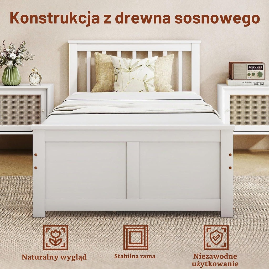 HOMCOM Łóżko 90x200 cm, rama z listwami, szuflada, biały