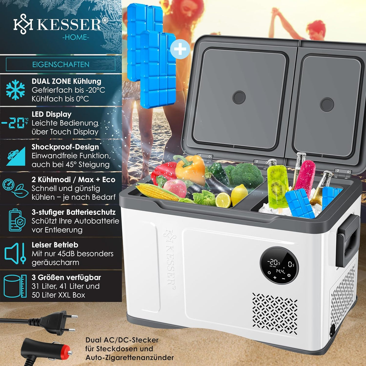 Nevera portátil con compresor KESSER 2 en 1 de doble zona, refrigeración y congelador eléctrico con 2 acumuladores de frío y panel táctil LED | Refrigerador con enfriamiento hasta -20 °C para camping, coche, camión 12/24V 230V