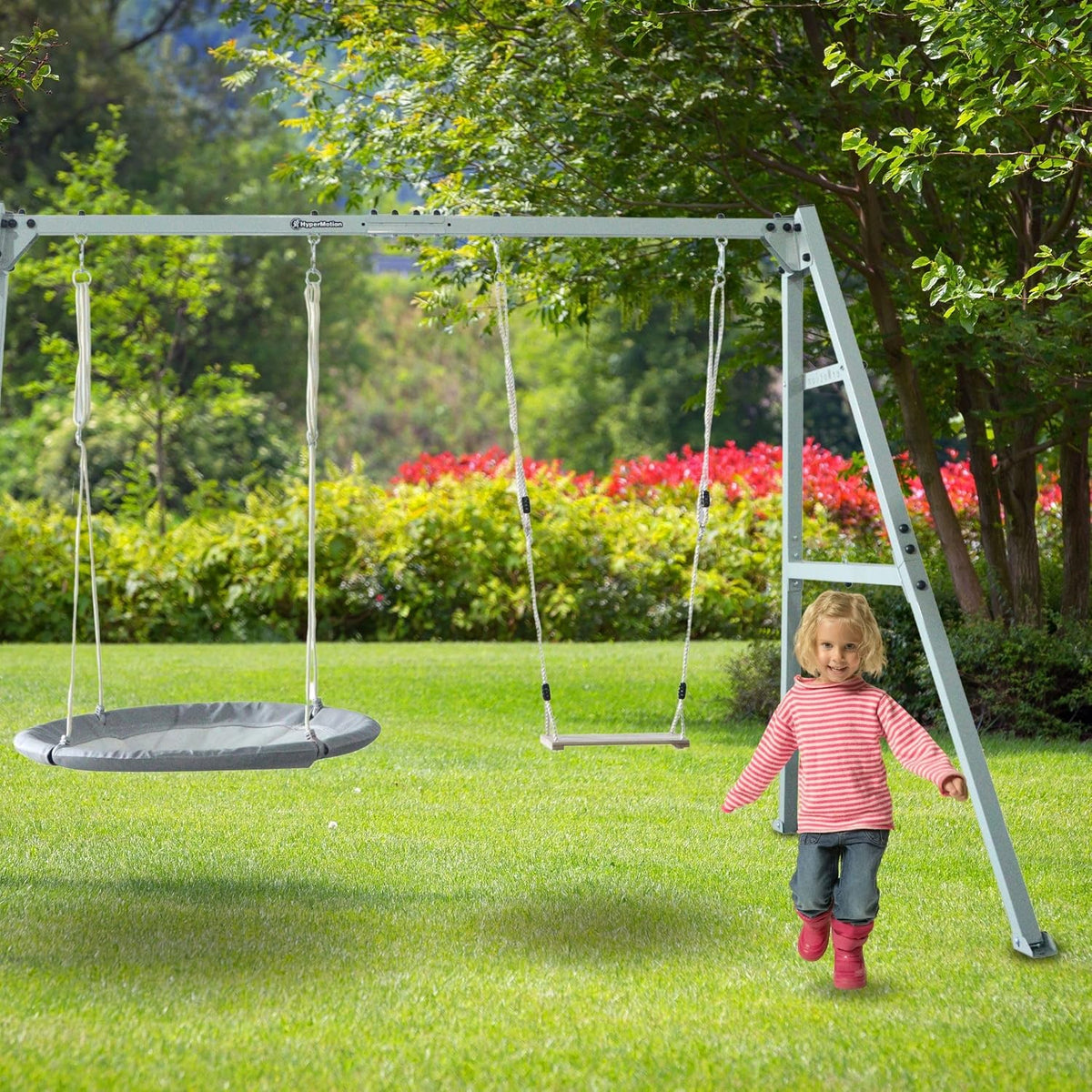 Columpio doble con estructura de acero ZEST SWING HYP2014, capacidad de carga de 180 kg, con columpio nido y hamaca para jardín