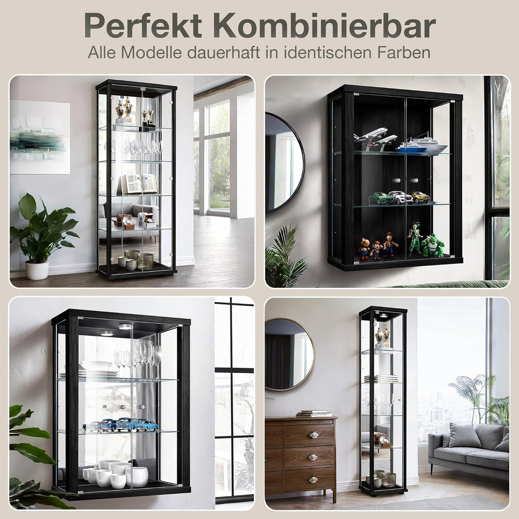 Vitrina de cristal de 2 puertas (176x67x33 cm) - Fabricada en Alemania - Vitrina de pie negra con 4 estantes de cristal ajustables, espejo, cerradura y LED - Vitrina de cristal de pie - Coleccionista