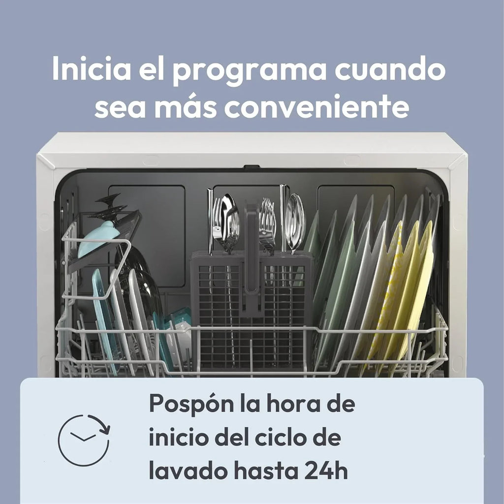 Candy CP 6E51LW Lavavajillas pequeño y compacto, 6 servicios, digital, 51 dBA, 5 ciclos, media carga, inicio diferido 3-6-9 horas, indicador de sal y abrillantador, indicador de fin de ciclo, blanco