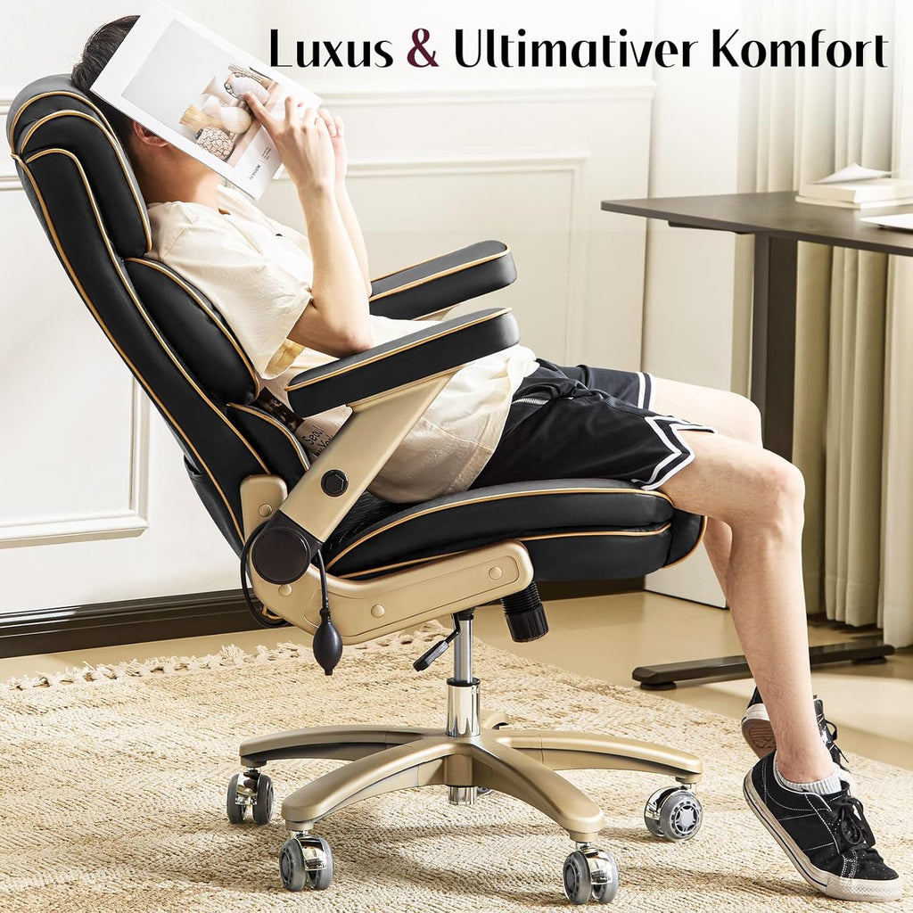 Silla de oficina Big and Tall de 230 kg, sillón ejecutivo ergonómico de piel con asiento cómodo, reposabrazos 5D, soporte lumbar ajustable, respaldo alto, silla giratoria grande para oficina en casa, negro