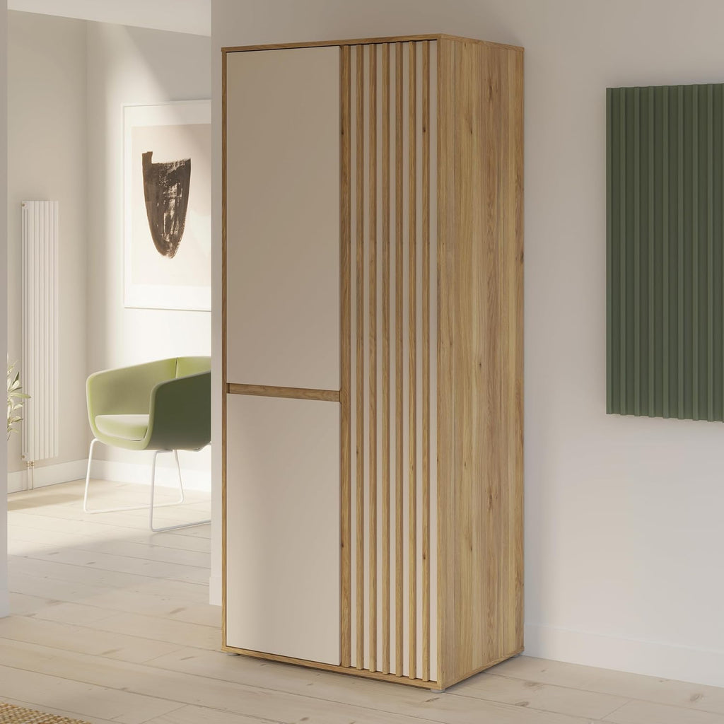Armario Forte ELISTON 80 90, armario moderno con diseño de listones, 2 puertas, madera técnica, dormitorio, decoración de madera de roble Mauvella|Beige Cachemira, 84 cm de ancho x 200,1 cm de alto x 54 cm de profundidad