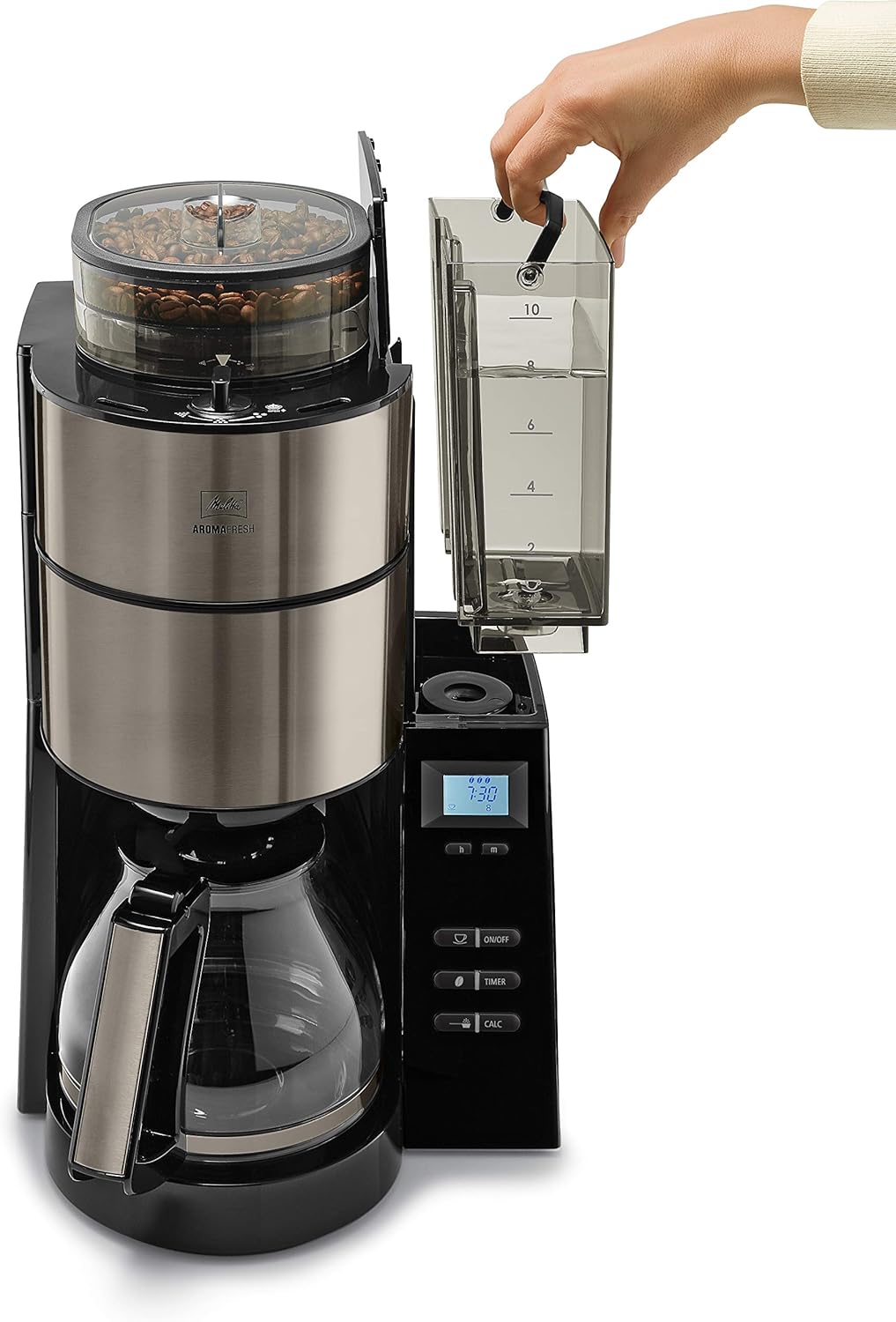 Melitta AromaFresh - Cafetera de filtro - con jarra de cristal - molinillo integrado - función de temporizador - 10 tazas - Negro puro