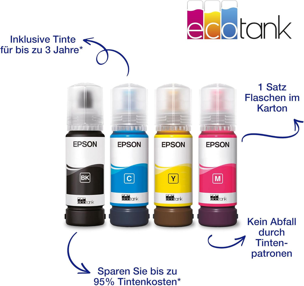 Impresora de depósitos de tinta EcoTank ET-2876 para hogares ajetreados, Wi-Fi, impresión, copia y escaneado en A4, pantalla LCD de 3,7 cm, incluye tinta para hasta 3 años