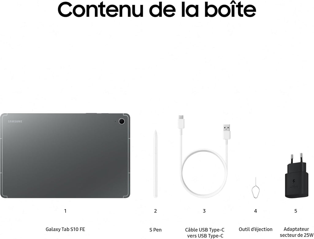 Samsung Galaxy Tab S10 FE, Tableta Android WIFI 10.9" 128 GB, S Pen incluido, Certificación IP68, Gris Antracita, Cargador de red rápido 25W incluido, Versión FR