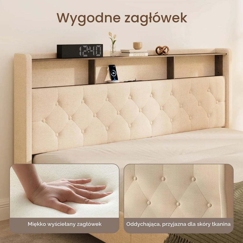 Xbro Łóżko tapicerowane 160 x 200 cm z oświetleniem LED i stacją ładującą (USB/gniazdko), pływający wygląd, tapicerowany zagłówek ze schowkiem, stelaż listewkowy, beżowe (bez materaca)