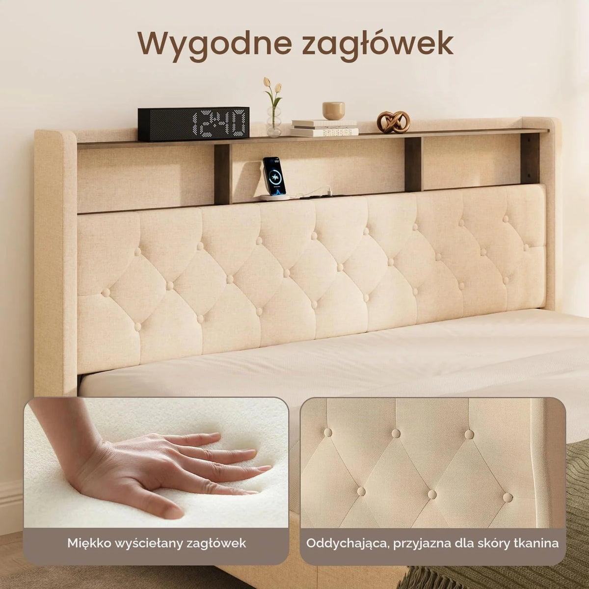 Xbro Łóżko tapicerowane 160 x 200 cm z oświetleniem LED i stacją ładującą (USB/gniazdko), pływający wygląd, tapicerowany zagłówek ze schowkiem, stelaż listewkowy, beżowe (bez materaca)