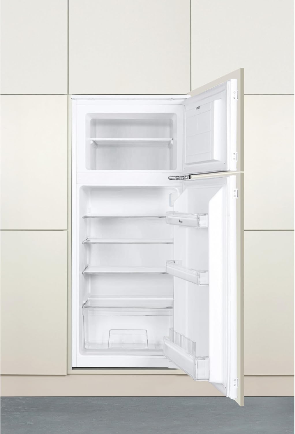 Frigorífico combi integrable Amica de doble puerta con congelador superior para nicho de 122 cm, sistema de puerta deslizante, compresor Inverter, control electrónico, alarma de puerta abierta