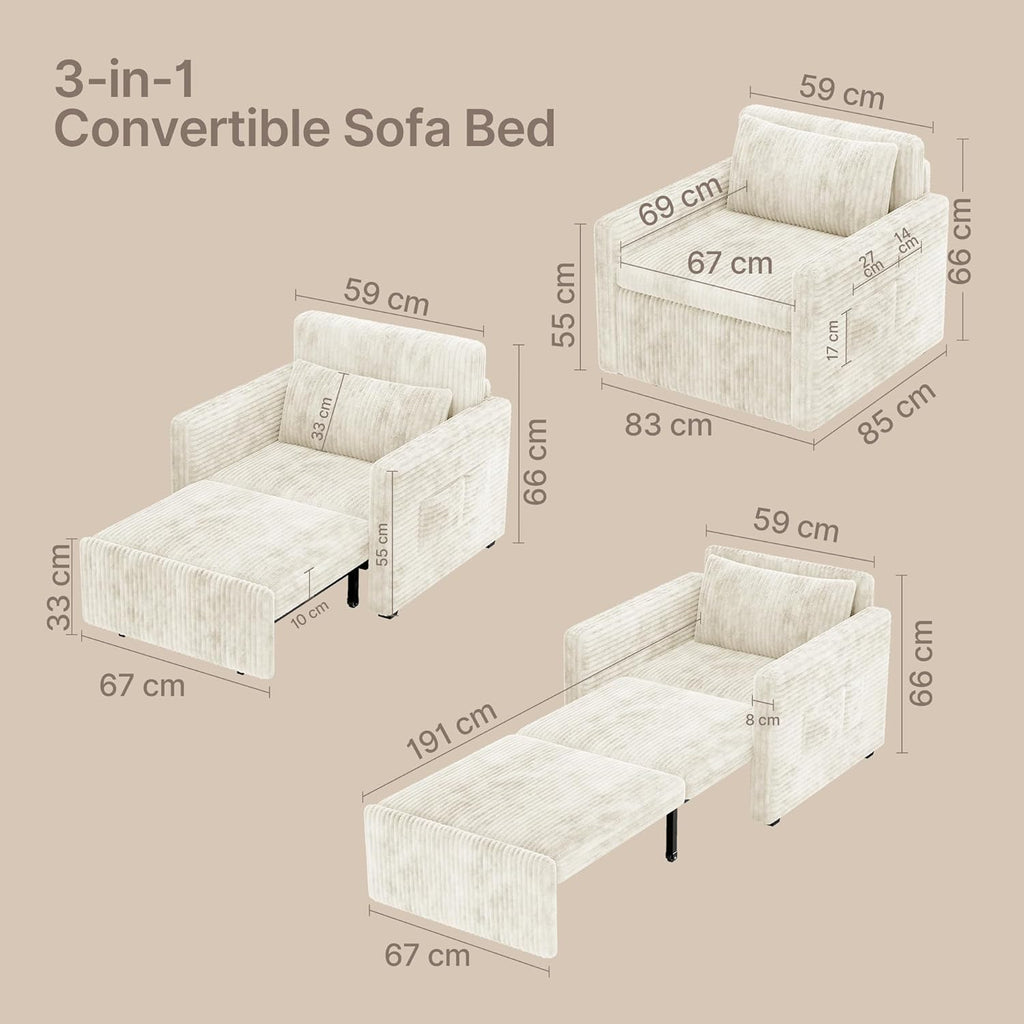 Sillón cama 3 en 1 Xbro con función de descanso, sofá cama individual extraíble, sofá cama con función de descanso, sillón cama de pana con cojín, sofá plegable para salón, dormitorio, beige