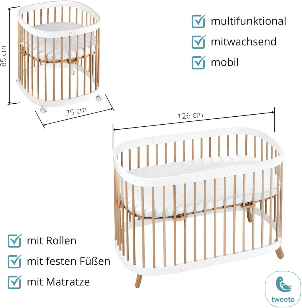 Cuna 7 en 1 tweeto®: cuna de madera evolutiva | cuna de colecho y cuna de barrotes de altura regulable | convertible en cama infantil y parque de juegos (haya natural)