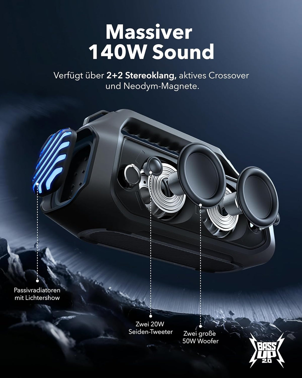 Altavoz para exteriores soundcore Boom 2 Plus, 140W, canal 2+2, BassUp 2.0, 20h, carga rápida, resistente al agua IPX7, luces RGB, USB-C, banco de energía, BT 5.3, altavoz Bluetooth portátil, camping