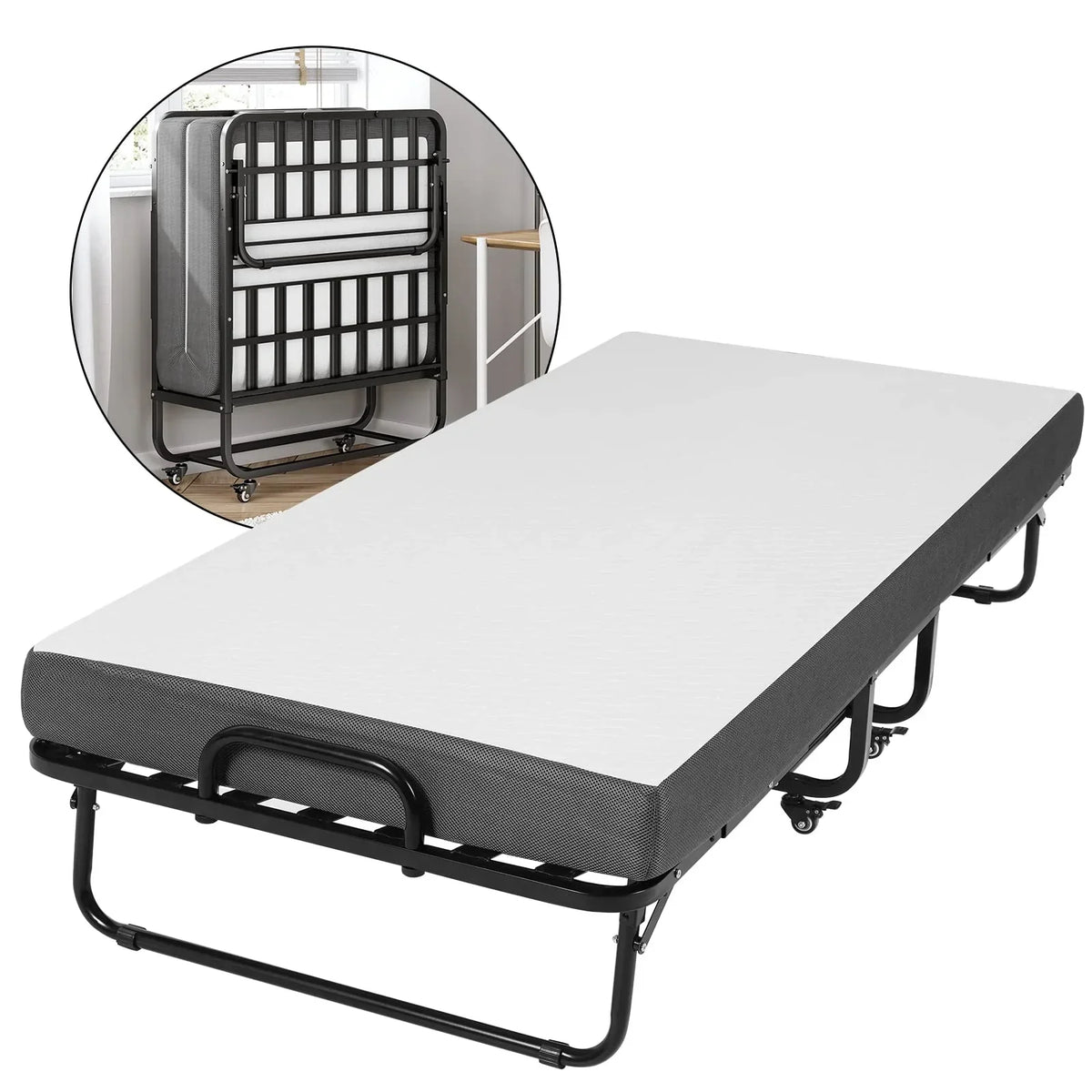 Cama plegable DICTAC 90x200cm para adultos con colchón de espuma viscoelástica de 13cm, estructura metálica plegable con ruedas, capacidad de carga de 200kg