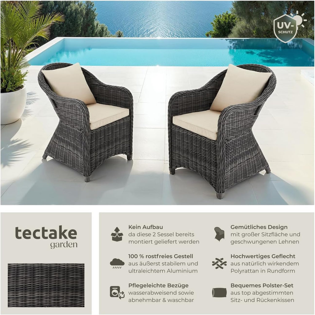 tectake® Set de 2 sillas de jardín de polirratán y aluminio, mobiliario de jardín con 2 sillones, resistente a la intemperie, sillón de jardín de ratán con cojines suaves, funda extraíble y lavable, estable y protector de suelos - gris