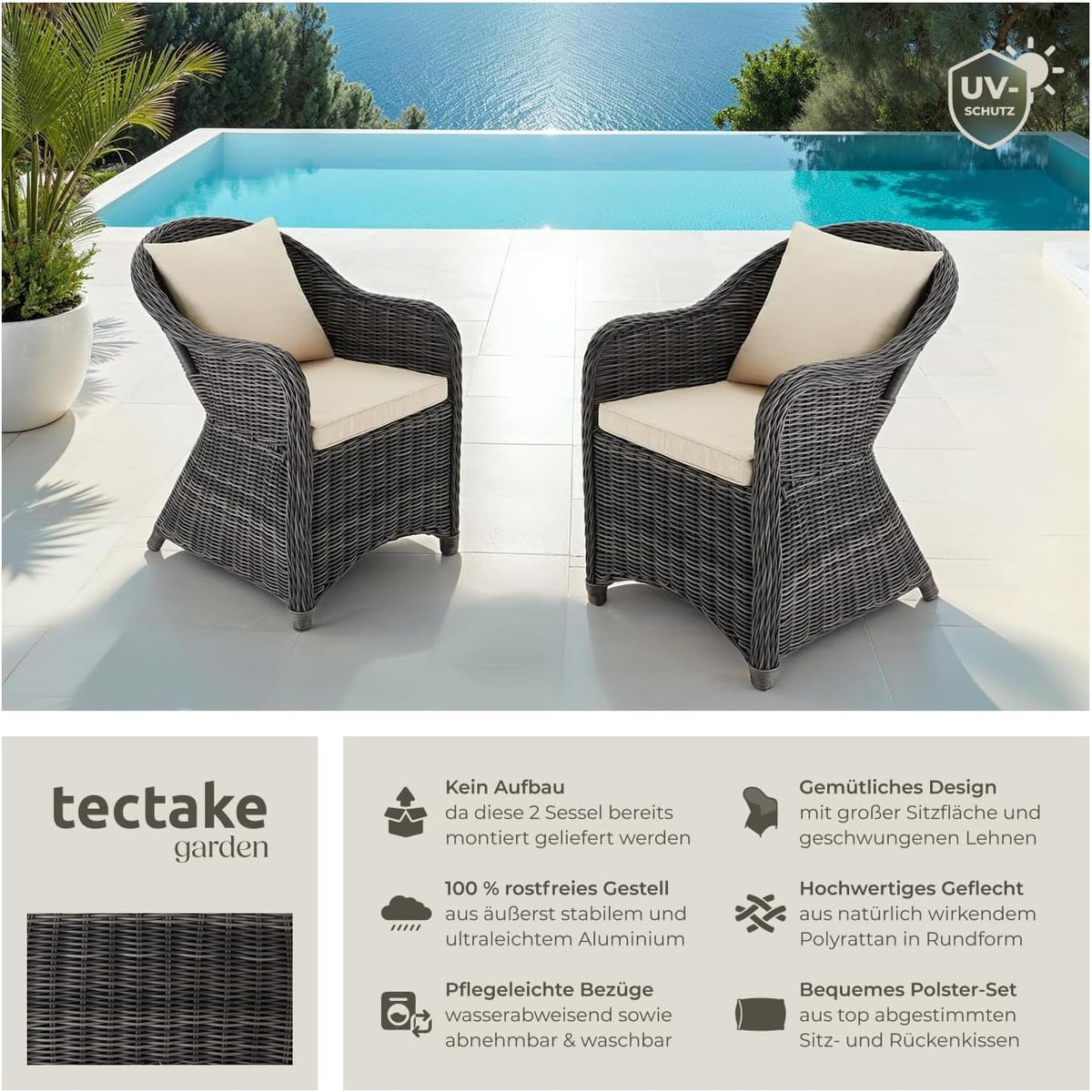 tectake® Set de 2 sillas de jardín de polirratán y aluminio, mobiliario de jardín con 2 sillones, resistente a la intemperie, sillón de jardín de ratán con cojines suaves, funda extraíble y lavable, estable y protector de suelos - gris