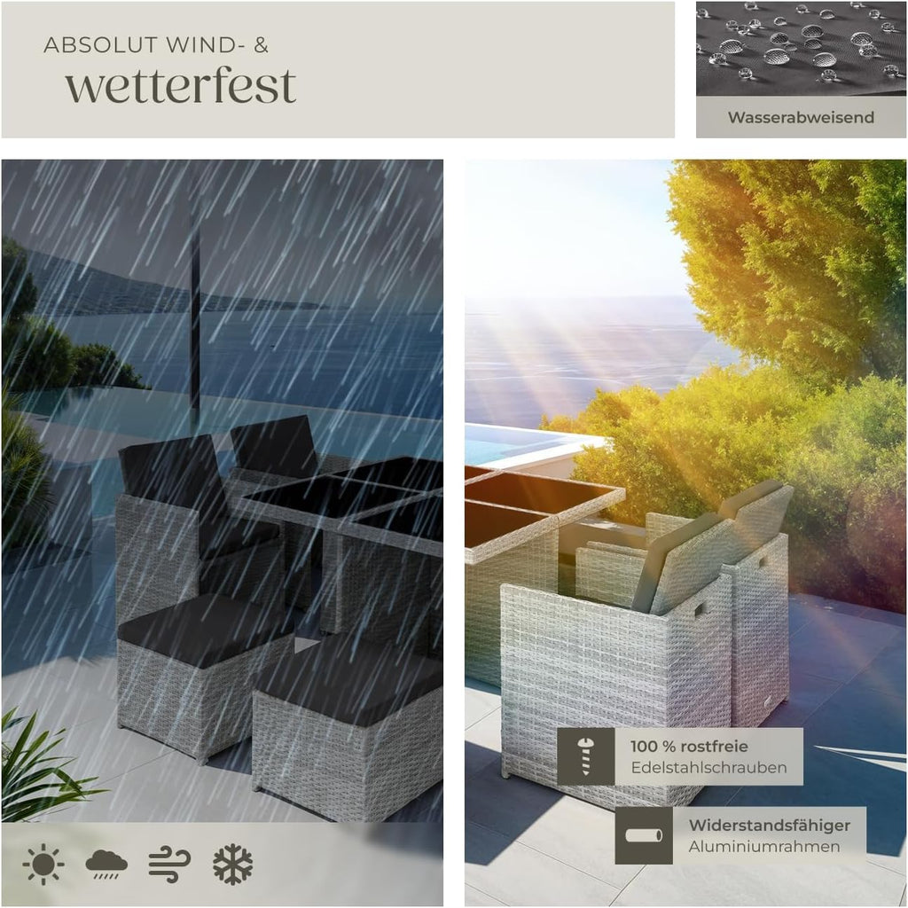 tectake® Juego de muebles de salón, 4 sillas, 4 taburetes, 1 mesa, almacenamiento en cubo que ahorra espacio, muebles de jardín de ratán para exterior, balcón, jardín y terraza, con funda y fundas de repuesto - gris claro
