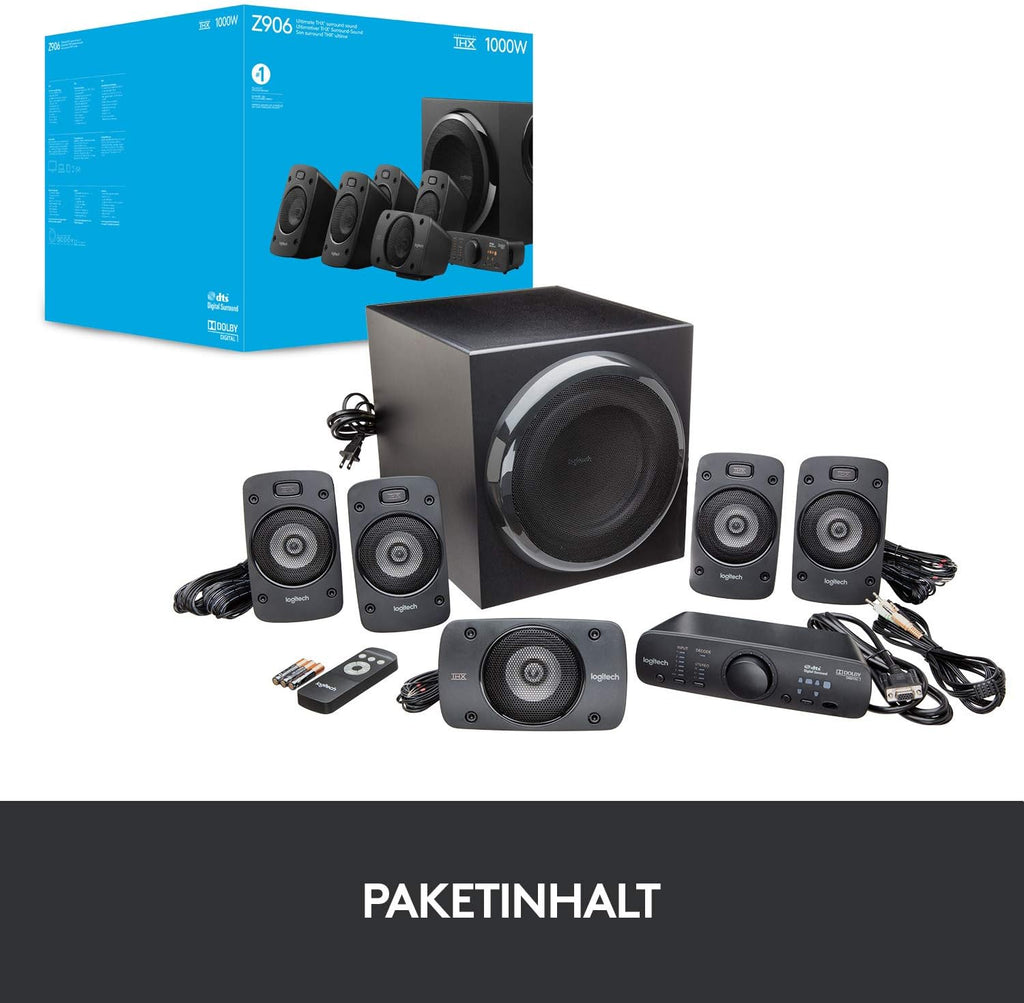 Sistema de sonido 5.1 Logitech Z906, altavoces con sonido envolvente de 1000 vatios, THX, múltiples entradas de audio, mando a distancia, enchufe UE, PC/PS4/Xbox/equipo estéreo/TV/smartphone/tableta - Negro
