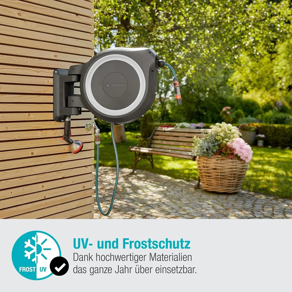 Caja portamangueras de pared RollUp XL de 35 m, almacenamiento automático de manguera con soporte de pared giratorio, incluye boquilla y accesorios de montaje