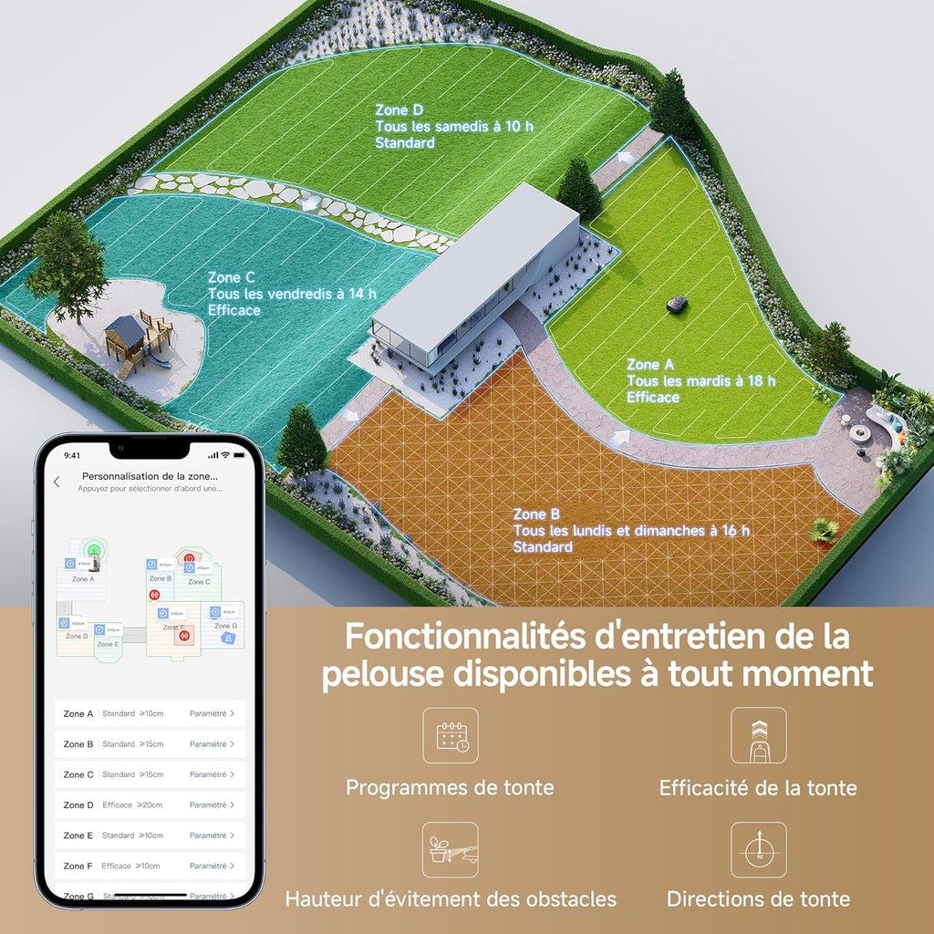 Robot cortacésped inalámbrico MOVA 600, cartografía LiDAR 3D de 360° hasta 600 m², evitación inteligente de obstáculos. Control por aplicación, corte en U, silencioso, alertas de seguridad.