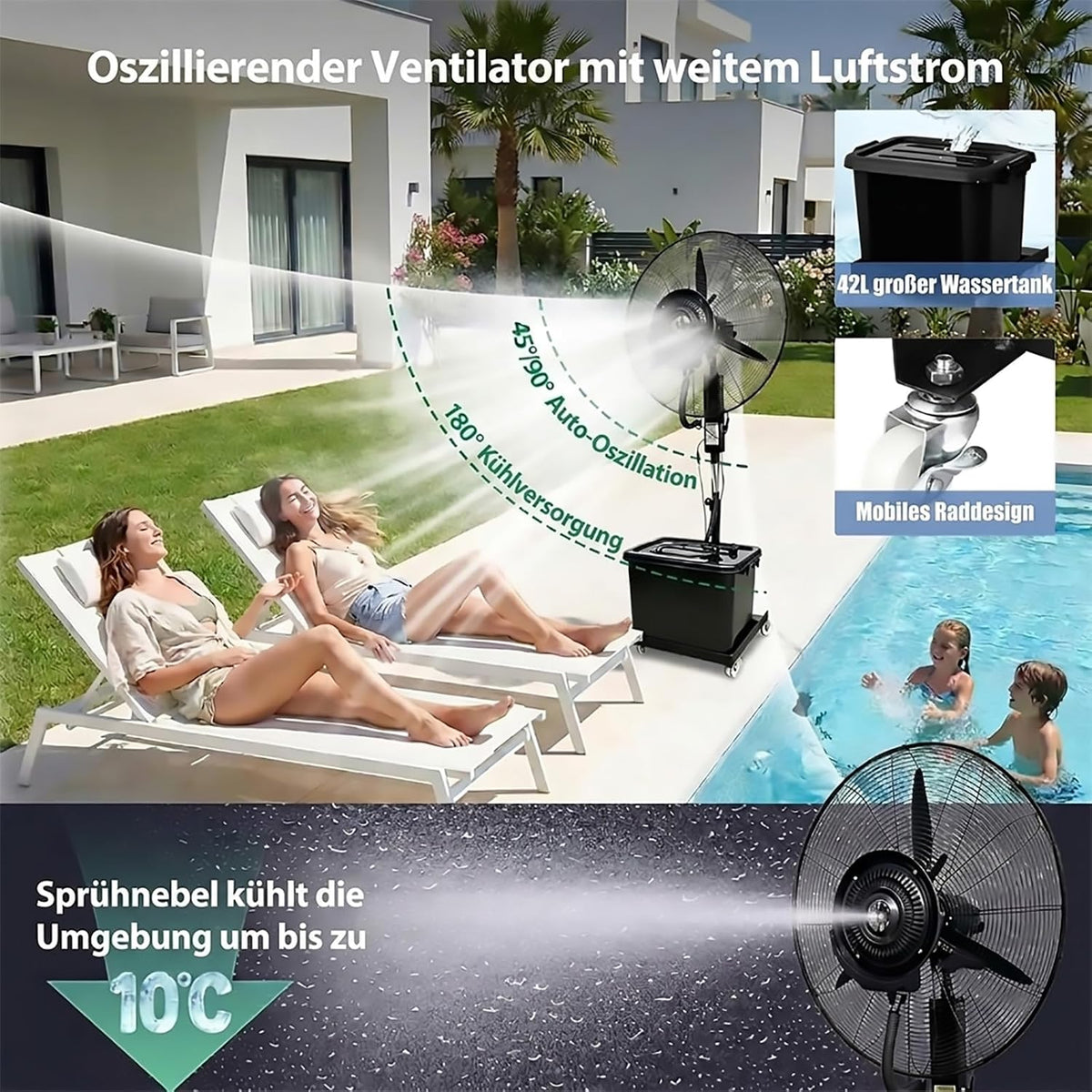 Ventilador nebulizador industrial mejorado 2026 con depósito de agua de 42 L, ventilador de pulverización para exteriores de altura ajustable, enfriador nebulizador oscilante con ruedas para terraza, fábrica, jardín y almacén