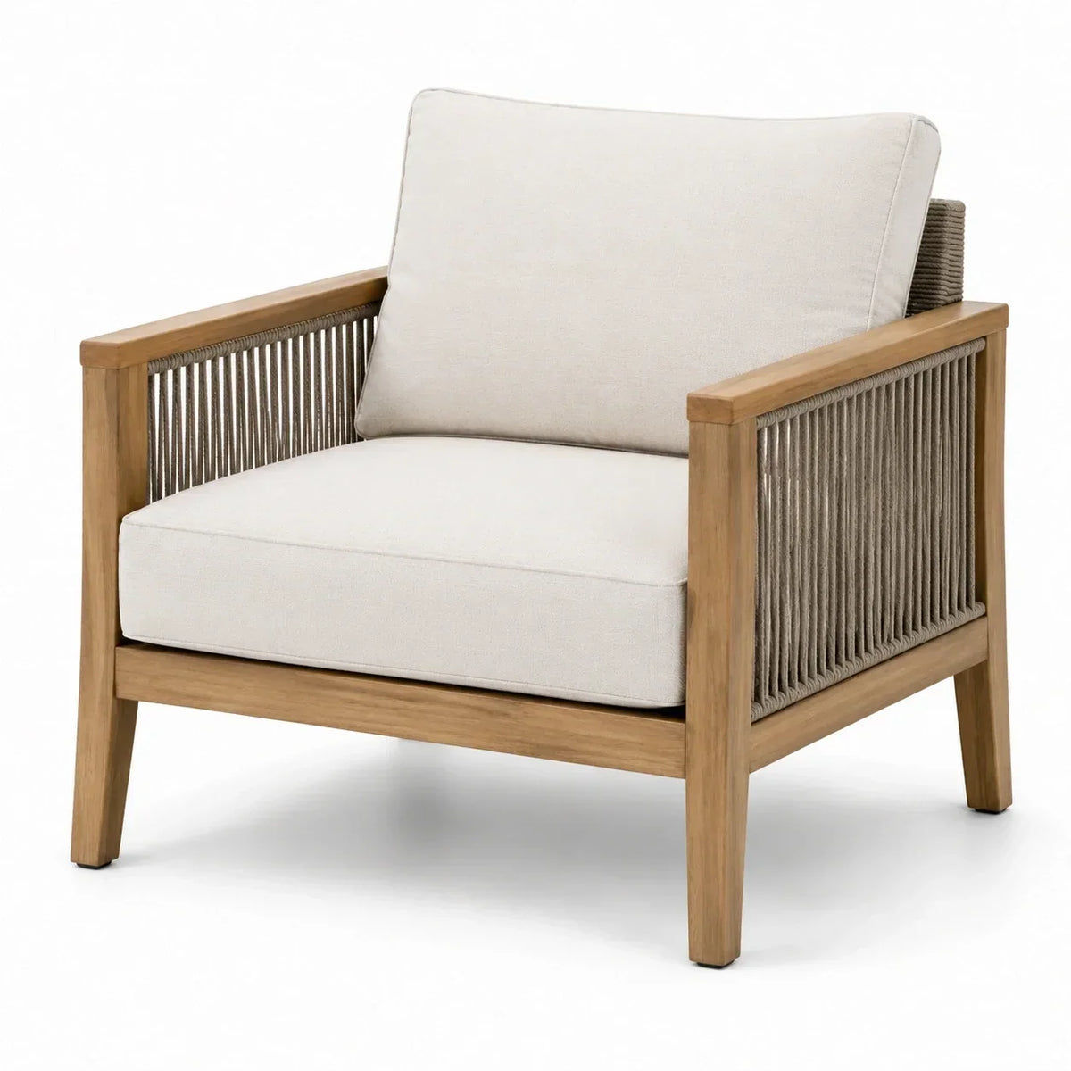 Sillón de jardín de madera de acacia con cuerdas de poliéster y cojines beige