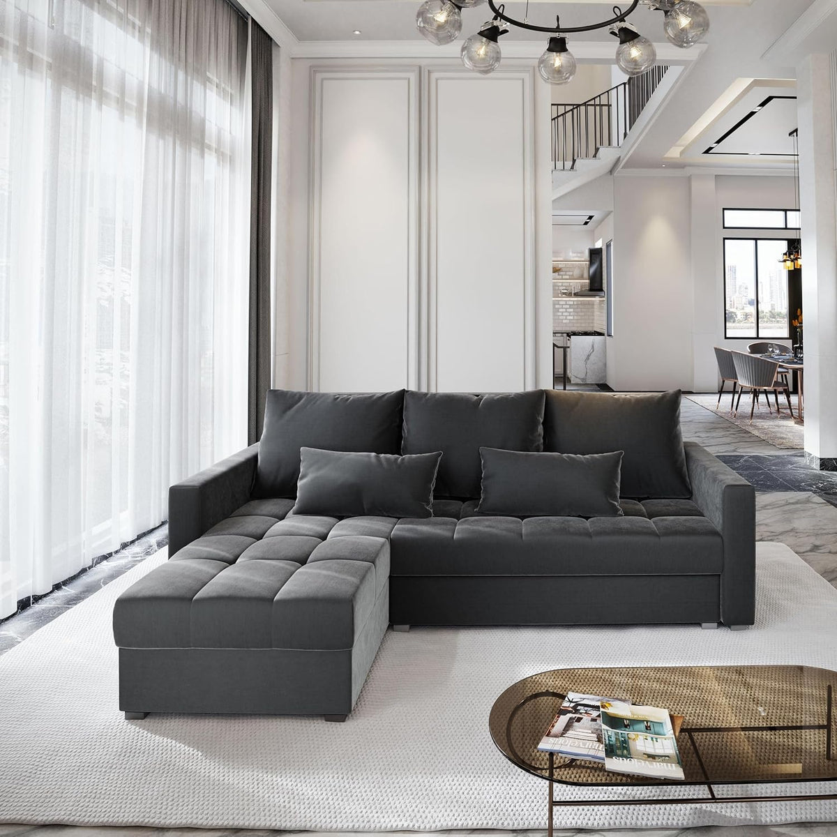 Sofá esquinero Masseno KOS PIK con función cama en forma de L, sofá con arcón, sofá de salón, sofá, canapé, sofá cama, conjunto de sofá - Gris, Paros 06